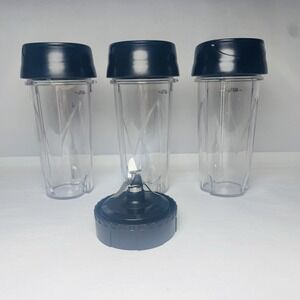 3 Ninja 16 oz Single Serve Blender Cups with 3 Drinking Lids & Blender Lid Blade